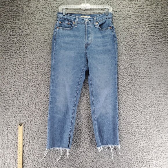Levis Jeans Womens 28 Blue Wedgie Straight Stretch Button Fly Frayed Hem - Picture 10 of 14